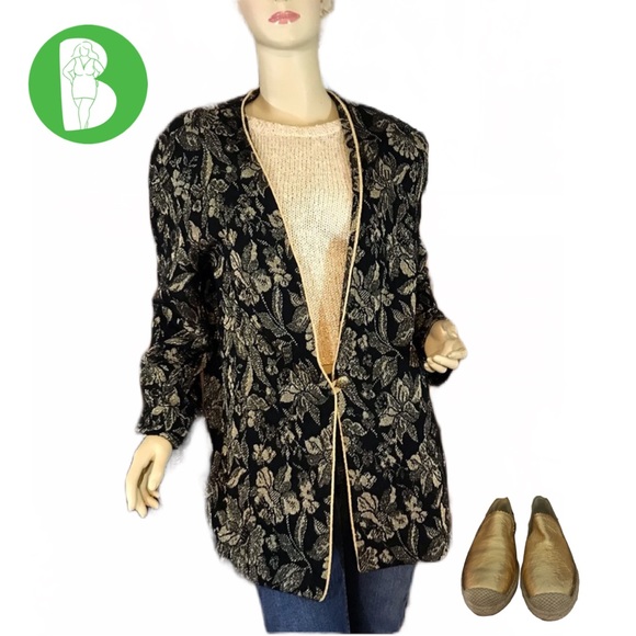 VINTAGE DONNKENNY BLACK & GOLD BROCADE 1980'S CARDIGAN (M) - Picture 2 of 11
